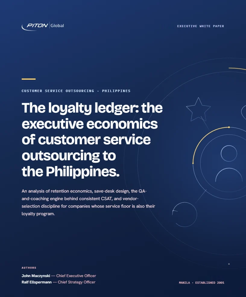 White paper cover — The Loyalty Ledger — Customer Service Outsourcing to the Philippines, PITON-Global Executive White Paper