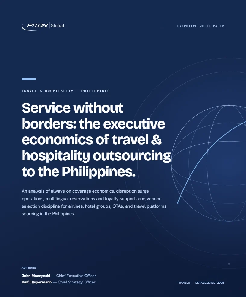 White paper cover — Service Without Borders — Travel & Hospitality Outsourcing to the Philippines, PITON-Global Executive White Paper